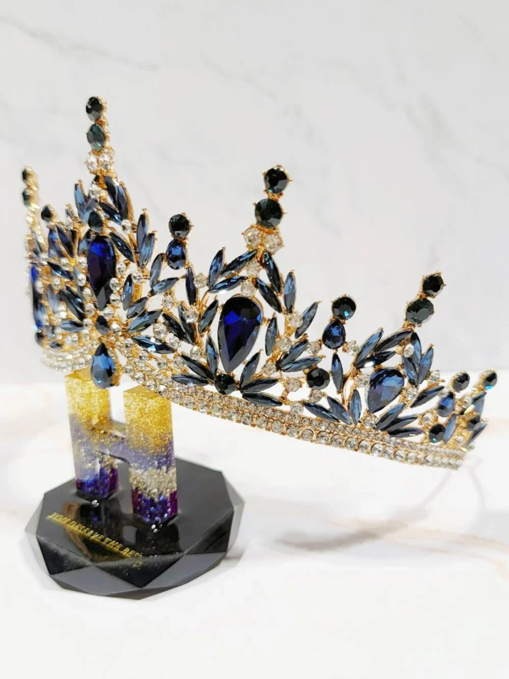 Navy blue tiara, Gold Crystal Crown, Rhinestone Tiara, Formal crown headpiece